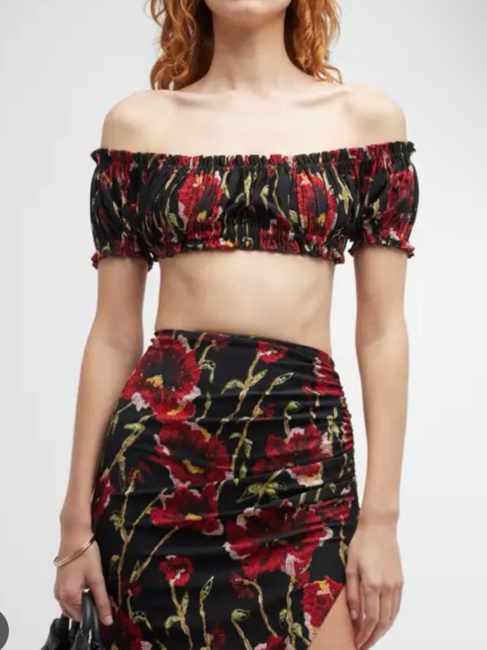 Norma Kamali Jose Top Off-Shoulder Floral Crop Top in Black and Red Poppy NEW